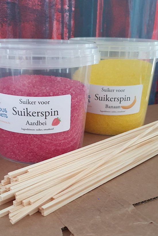 Foto: Accessoire voor suikerspinmachine suikerspinsuiker banaan 600 gram en aardbei 600 gram incl 50 stokjes