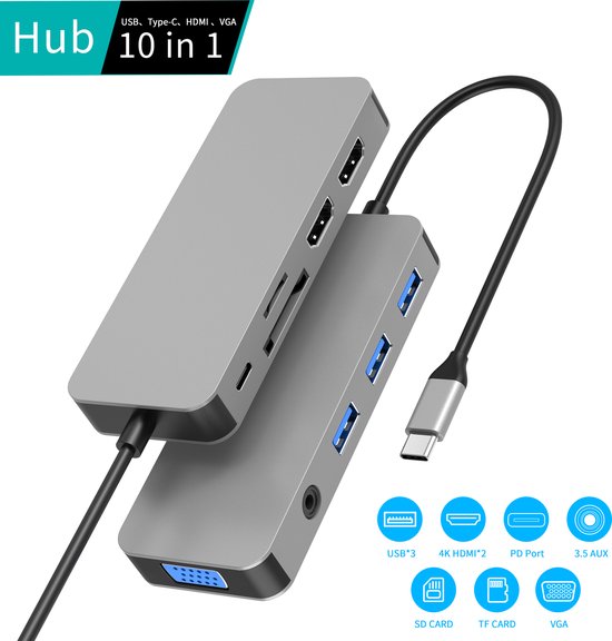 Hub USB-C 10 in 1 – 4K HDMI, VGA, PD da 100 W, 3 USB 3.0, 2 USB 2.0, lettore SD/TF, audio da 3,5 mm, Gigabit Ethernet – Compatibile con MacBook, Dell