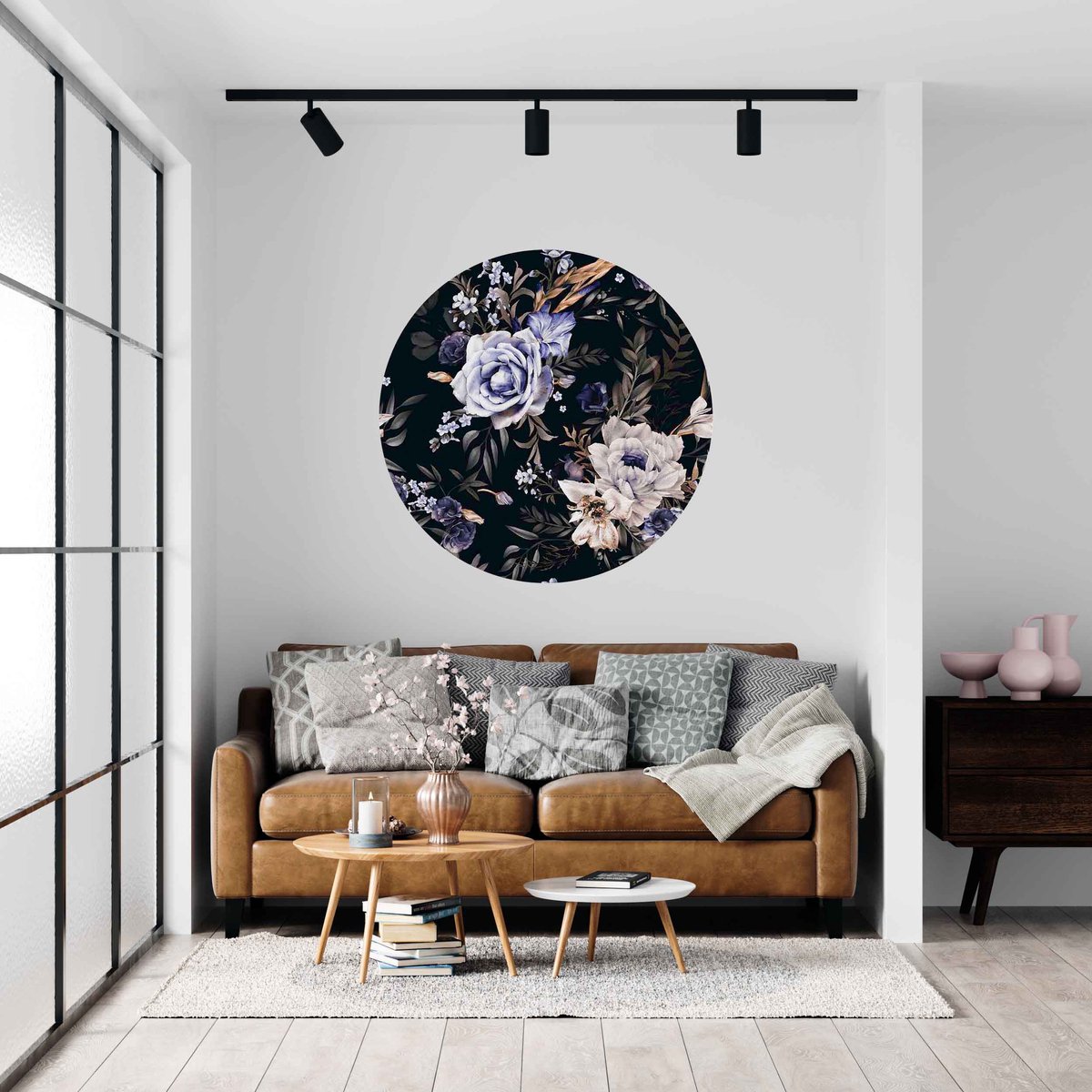 ByCristianne - behangcirkel - Blauwe bloemen - Zelfklevend - 80x 80 cm - Wandcirkel