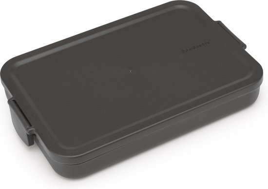 Boîte à lunch Brabantia gris foncé fermée, modèle plat, en plastique.