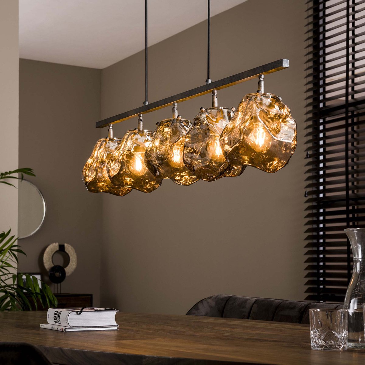 Hanglamp Rock eettafellamp chromed glass | 5 lichts | charcoal / grijs / zwart | glas / metaal | 150 cm lang | eetkamer / eettafel lamp | modern / sfeervol design