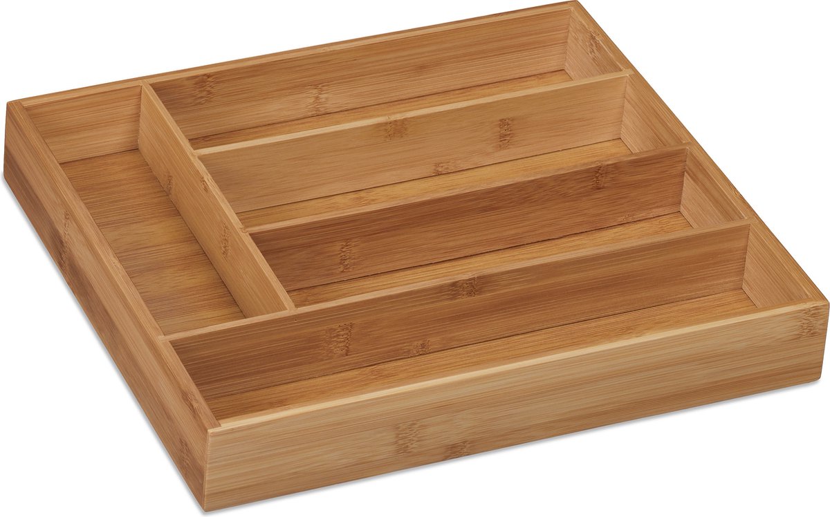 Relaxdays bestekbak uitschuifbaar, bamboe, HBD 5 x 33,5-49,5 x 44,5 cm, 7-9 vakken, bestek organizer keukenlade, zwart