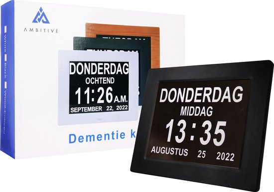 Ambitive Dementieklok - Kalenderklok met Datum en Dag - Medicatie Herinneringen - Alzheimer Klok - Senioren Klok