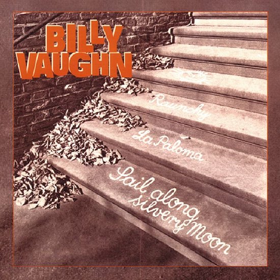 Albumhoes met 'Billy Vaughn' op bakstenen muur en treden met bladeren. De tekst 'Raunchy', 'La Paloma' en 'Sail along Silvery Moon' staat op de treden.