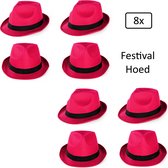 8x Festival hoed roze met zwarte band - Hoofddeksel hoed festival thema feest feest party