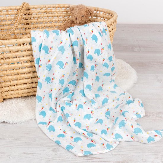 swaddle Olifanten Feestje XL hydrofiele doek 120x120 cm bamboe/katoen