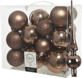 Kunststof kerstballen met glazen piek - walnoot bruin - 27-delig