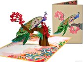 Cartes pop-up Popcards - Beau paon fier sur une branche d'arbre avec des fleurs rouges - Anniversaire Félicitation Diplôme Anniversaire Carte pop-up Groot format Carte de voeux 3D