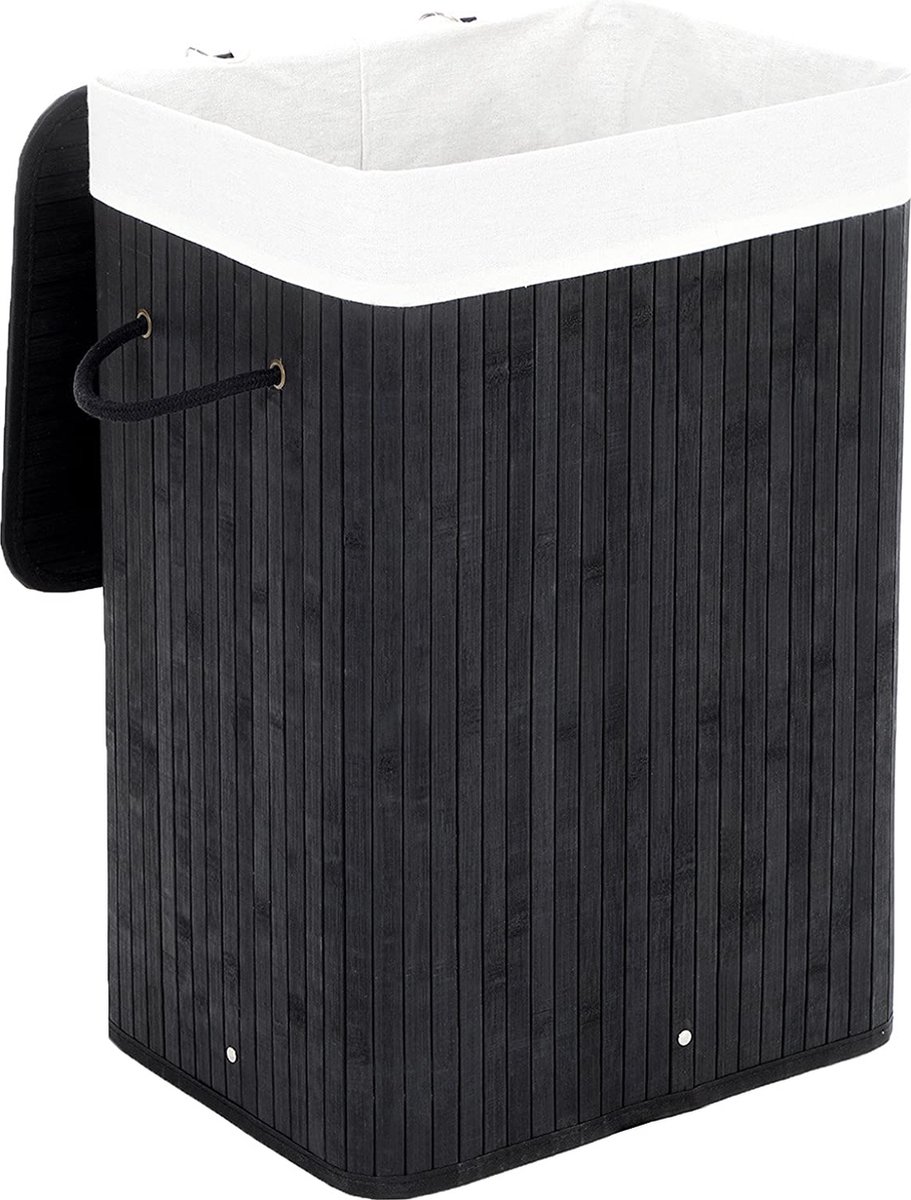 TA Design Bamboe wasmand, opvouwbare wasbak met deksel en uitneembare katoenen waszak, 72 L wasbox, waskist, 40 x 30 x 60 cm, zwart