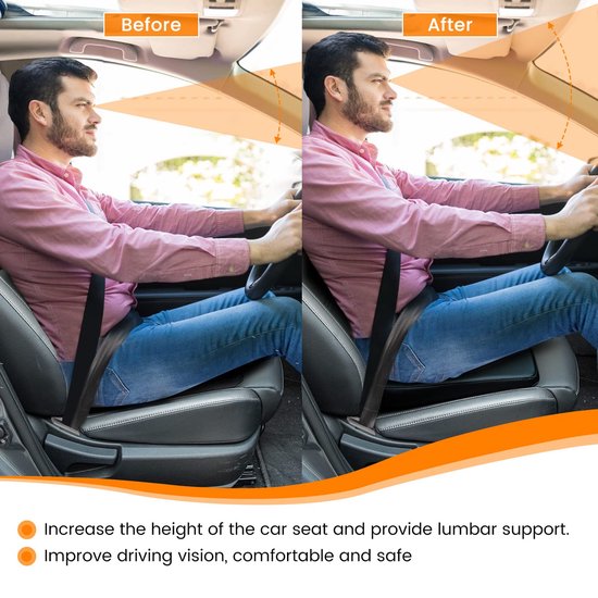Autostoelkussen: ergonomisch zitkussen van traagschuim voor ischias pijnverlichting, groter zitkussen voor korte bestuurders op lange ritten - bilkussen voor auto, vrachtwagen, kantoor - zwart