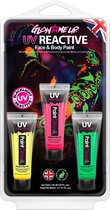 Paintglow - Neon UV face & body paint set - Carnaval accessoires - Verf - Schmink - Make-up - Roze - Groen - Geel - 12 ml - 3 stuks