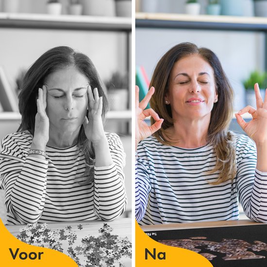 Vóór en na: vrouw met hoofdpijn en puzzelstukjes (links), vrouw ontspannen met ogen gesloten en de puzzel voltooid (rechts).