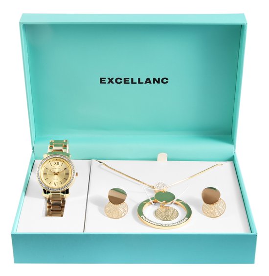 Excellanc dameshorloge geschenkset goudkleurig cadeauset horloge, ketting, oorbellen kerstcadeau