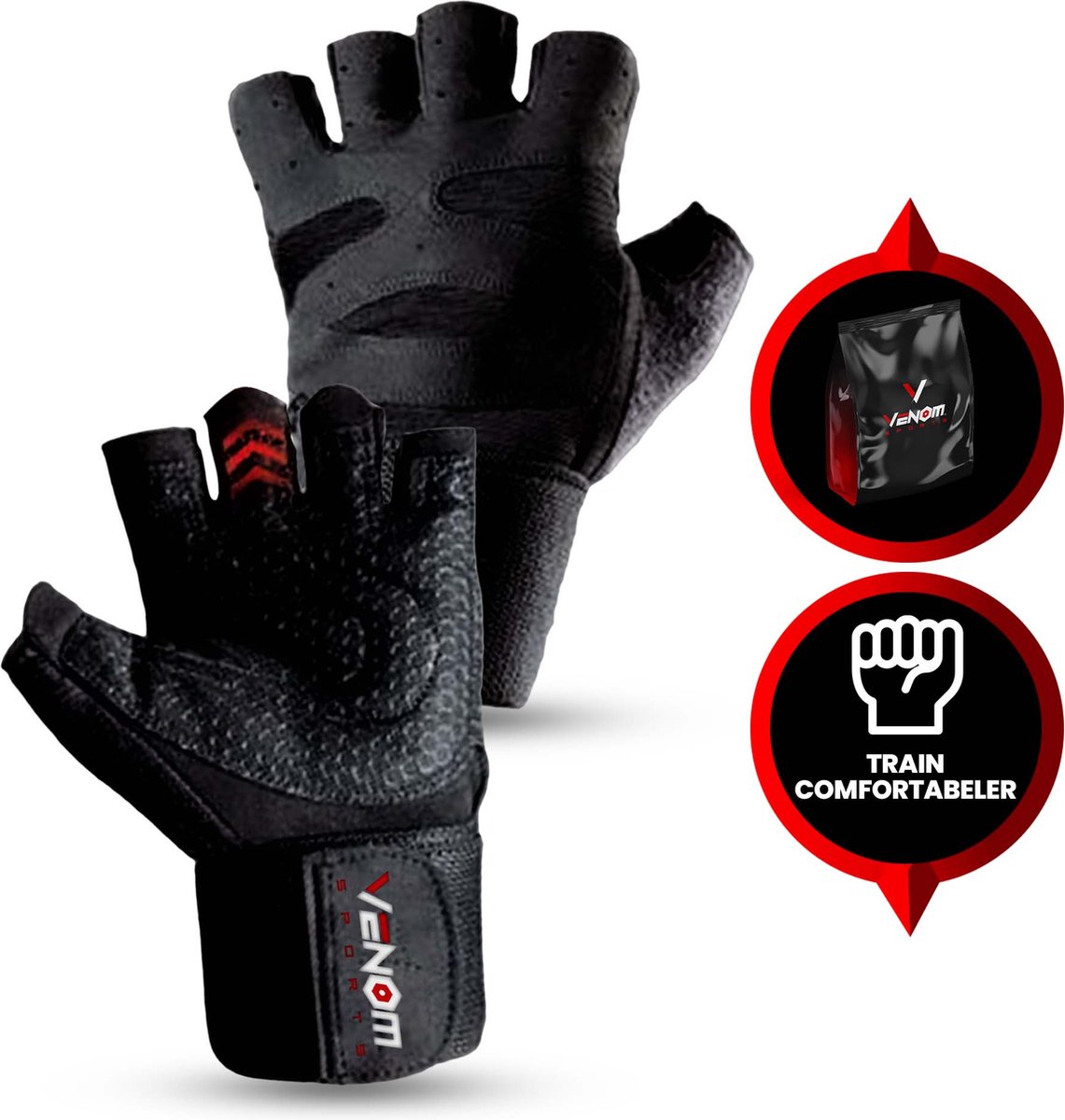 Venom Sports fitness handschoenen – handschoenen met polsondersteuning – sporthandschoenen voor krachttraining – trainingshandschoenen voor fitness & crossfit – zwart – maat M - 1 paar