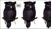 3x Zwarte uil met licht 48cm x 35cm - Horroruil horror hangdeco halloween griezel creepy dier