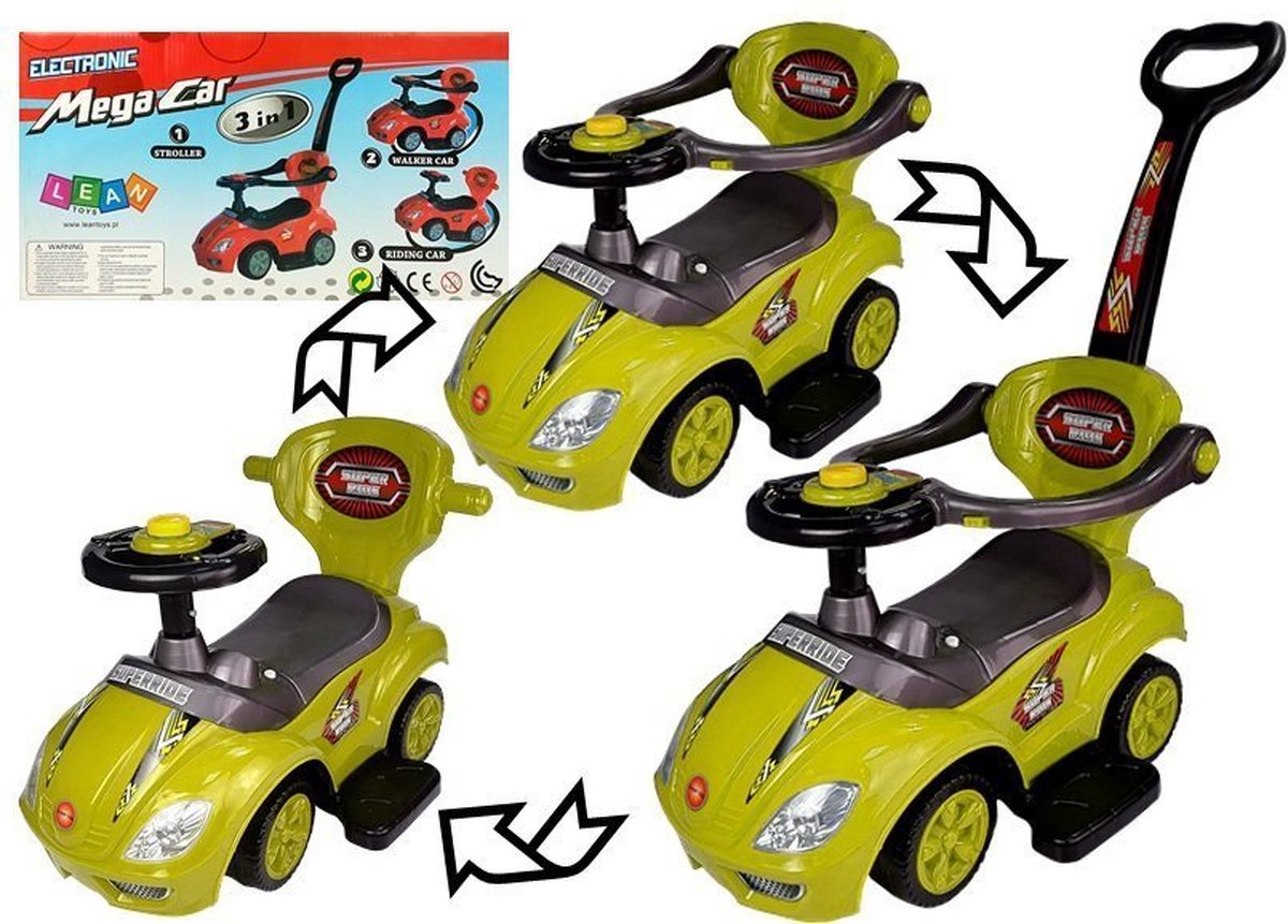LEAN TOYS Mega Car 3 in 1 loopauto met duwstang - Geel - 2+ jaar