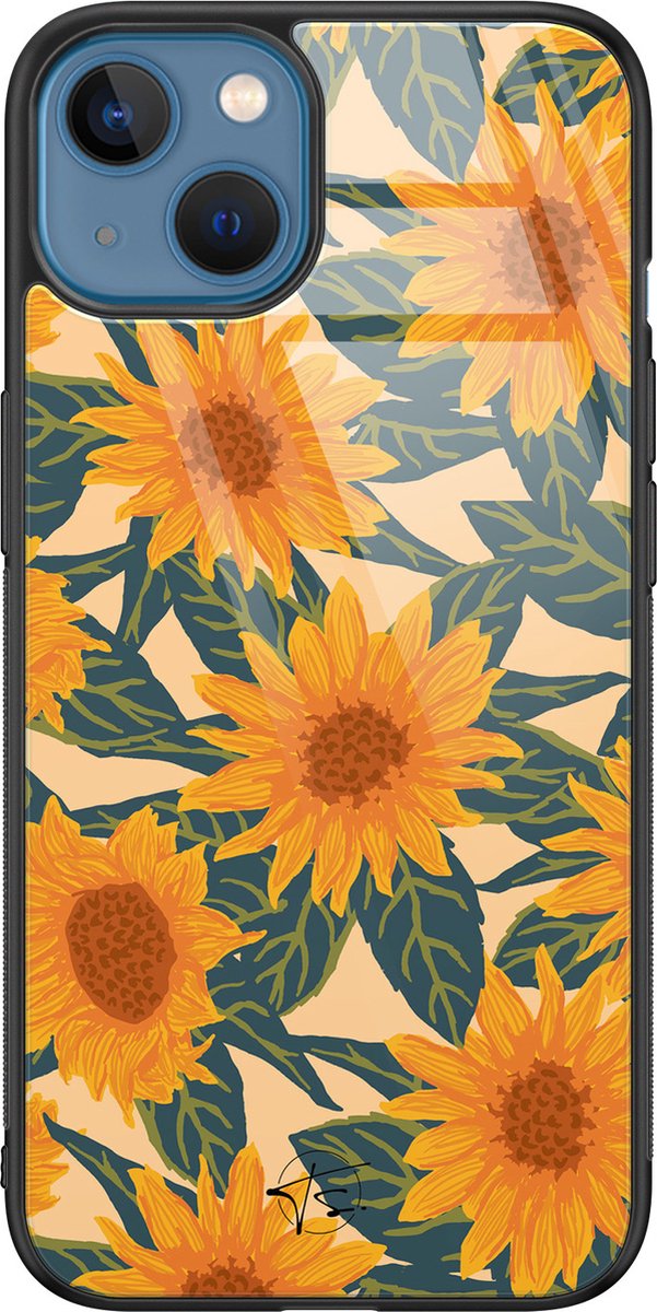 iPhone 13 hoesje glas - Zonnebloemen - Oranje - TPU - Bloemen - Hardcase backcover zwart