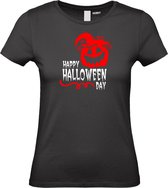Dames T-shirt Happy Halloween Day | Halloween kostuum kind dames heren | verkleedkleren meisje jongen | Zwart | maat S