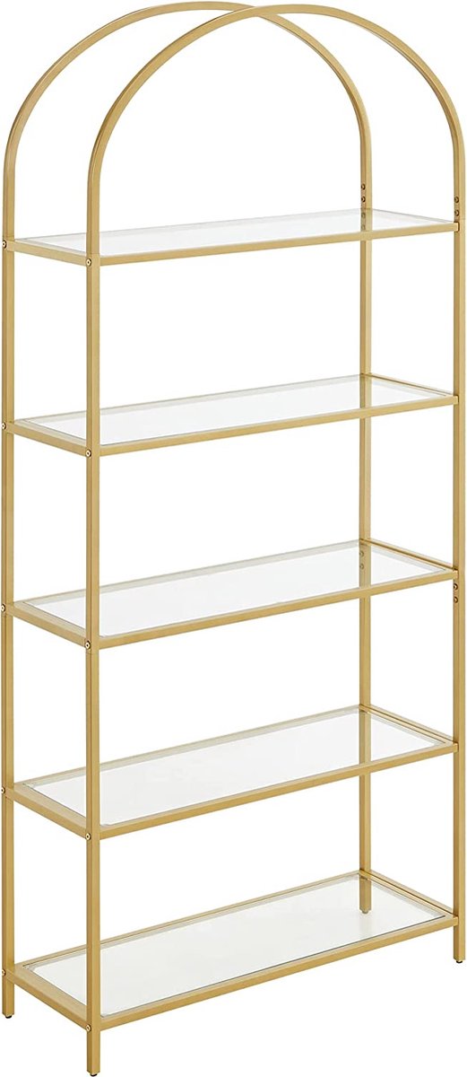 plank 5 niveaus boekenkast gehard glas staand rek opbergplank gebogen metalen structuur voor woonkamer, slaapkamer, studeerbadkamer, gouden kleur - Merkloos