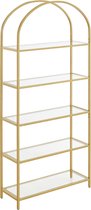 plank 5 niveaus boekenkast gehard glas staand rek opbergplank gebogen metalen structuur voor woonkamer, slaapkamer, studeerbadkamer, gouden kleur