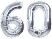 Folie Ballon Cijfer 60 Jaar Zilver Verjaardag Versiering Helium Cijfer Ballonnen Feest versiering Met Rietje - 86Cm