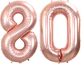 Folie Ballon Cijfer 80 Jaar Rose goud Verjaardag Versiering Helium Cijfer Ballonnen Feest versiering Met Rietje - 86Cm