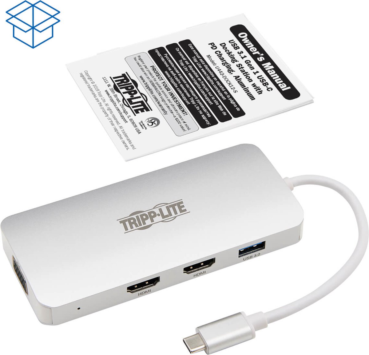 Tripp-Lite U442-DOCK12-S USB-C Docking Station, (x2) HDMI + VGA, Thunderbolt 3, USB-A, PD Charging – 1080p @ 60 Hz, Silver TrippLite