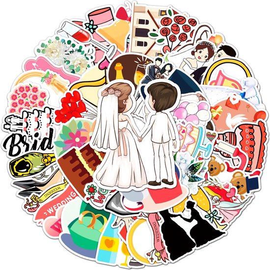 50 stickers voor Bruiloft – Decoratie voor trouwerij of trouwalbum – Wedding Scrapbooking Liefde/ Bruidstaart / Hartjes /Bruidspaar / Huwelijk