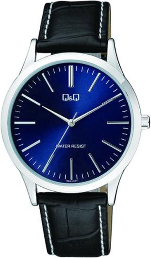 Q&Q C08A-011PY - Horloge - Heren - Mannen - Leren band - Rond - Staal - Streepjes - Zwart - Zilverkleurig - Blauw
