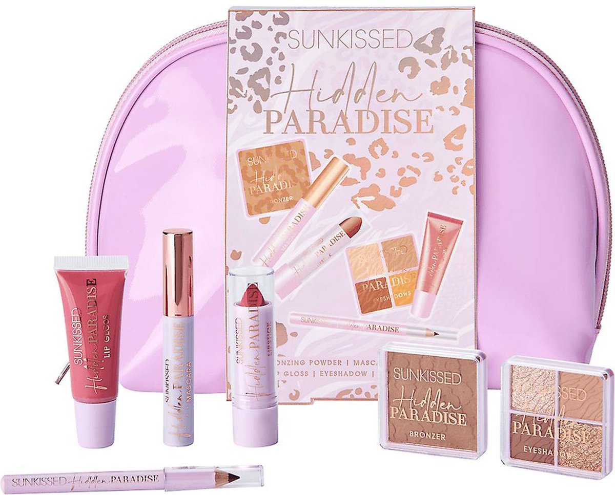 Sunkissed Hidden Paradise Cadeauset - Toilettas - Bronzer - Mascara - Lipstick- gloss - Oogschaduw - Wenkbrauwpotlood