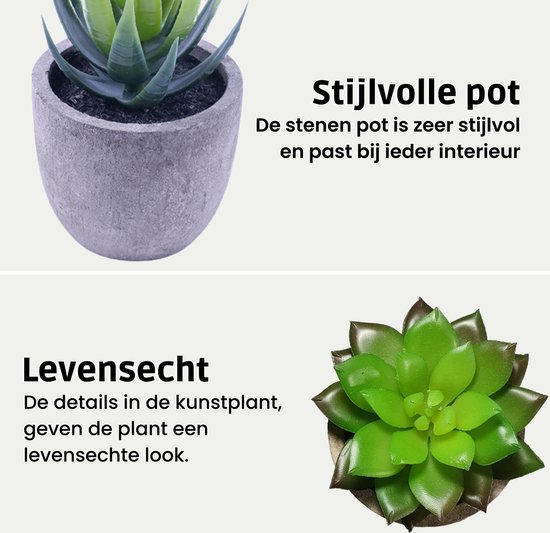 Close-up van een kunstvetplant in een grijze stenen pot met de tekst "Levensecht".", "Stijlvolle pot, De stenen pot is zeer stijlvol en past bij ieder interieur".