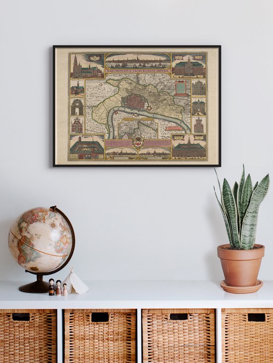 Poster In Zwarte Lijst - Historische Oude Kaart Antwerpen - Stadsplattegrond 1650 - 50x70 cm