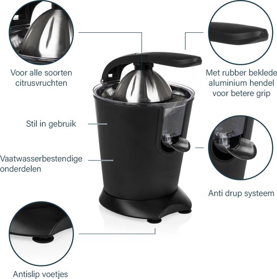 Princess Black Steel Sinaasappelpers 201853 - Elektrische Citruspers - Fruitpers - RVS Perskegel - Instelbaar pulpfilter - 160 Watt - Zwart van Merkloos — afbeelding 2