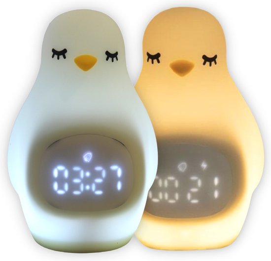 Slaaptrainer Pinguïn - Wekker - Nachtlampje - Kinderwekker - Wit en Geel Licht - Oplaadbaar - Alarm Clock - Eco Modus - Digitale wekker