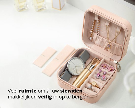 Vee Sieradenkistje voor op reis, kleine sieradendoos voor dames, draagbaar, spiegel, van PU-leer, sieraden-reisetui, 10 x 10 x 5 cm, cadeau-idee, blauw