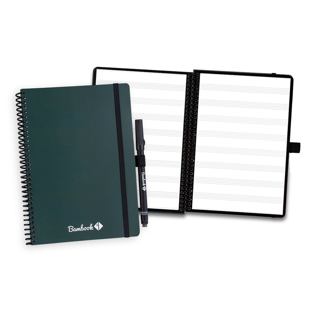 Bambook Veluwe Colourful uitwisbaar notitieboek - Donkergroen (Forest) - Softcover - A5 - Pagina's: Bladmuziek - Duurzaam, herbruikbaar whiteboard schrift - Met 1 gratis stift