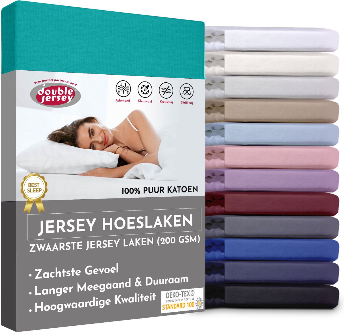 Double Jersey Hoeslaken - Hoeslaken 200x200+30 cm - 100% Katoen Turquoise