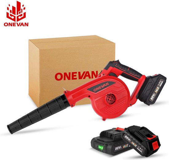 Onevan - Draadloze bladblazer - blaas en zuigfunctie - Elektrische Luchtblazer - 3500W - 9000 mah - 2x batterijen - opvangzak - rood - ONEVAN
