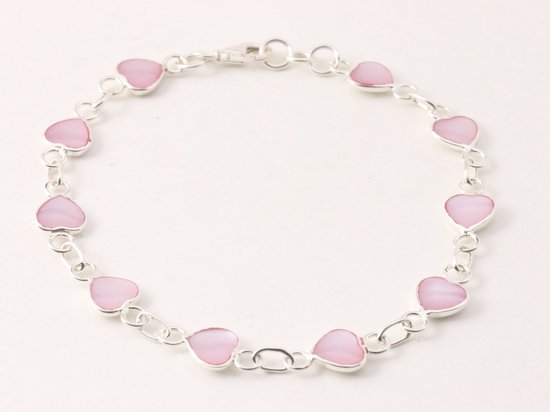 Zilveren hartjes armband met roze parelmoer