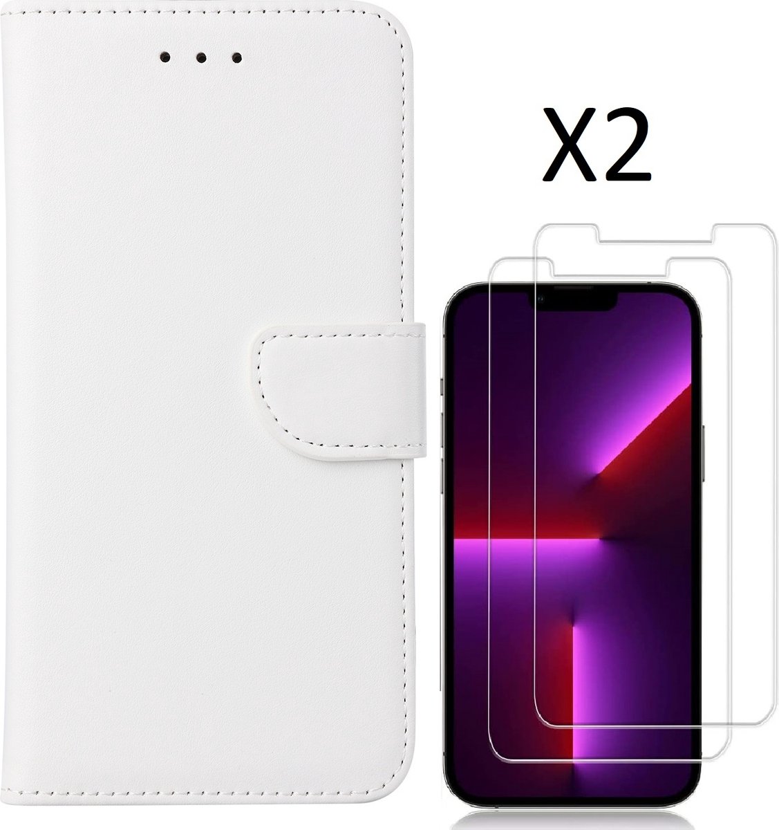 Hoesje Geschikt voor iPhone 14 bookcase met 2 stuks screenprotector tempered glass – Wit