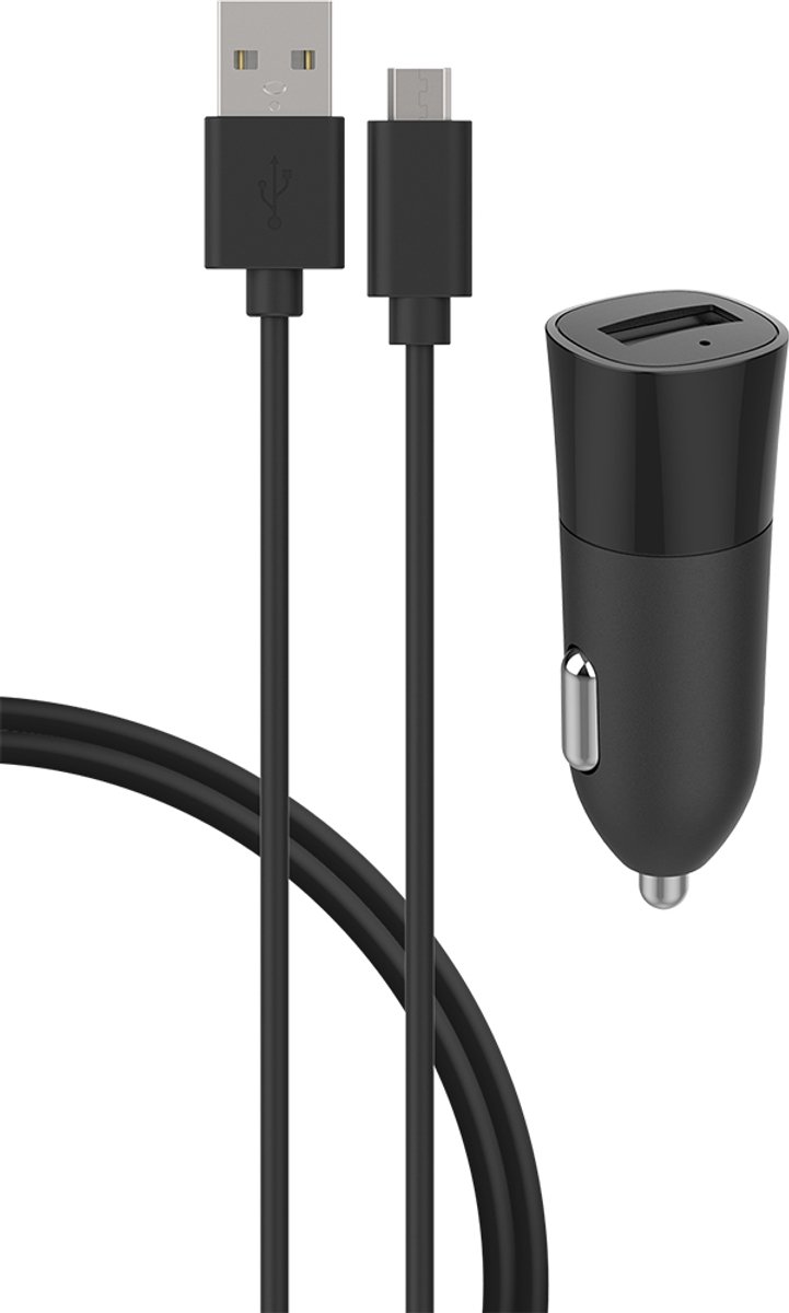 Bigben Connected, USB A autolader 2,4A FastCharge USB A/micro USB-kabel, Zwart