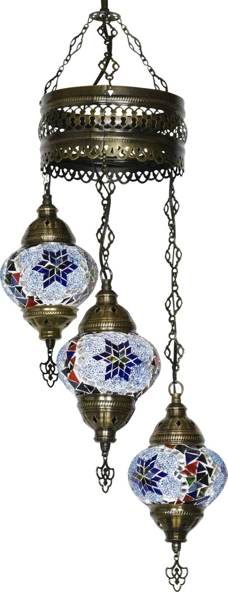 Oosterse mozaiek hanglamp - Blauw - Hoogte 70cm - Breedte 20cm - Diameter bol(len) 13,5cm