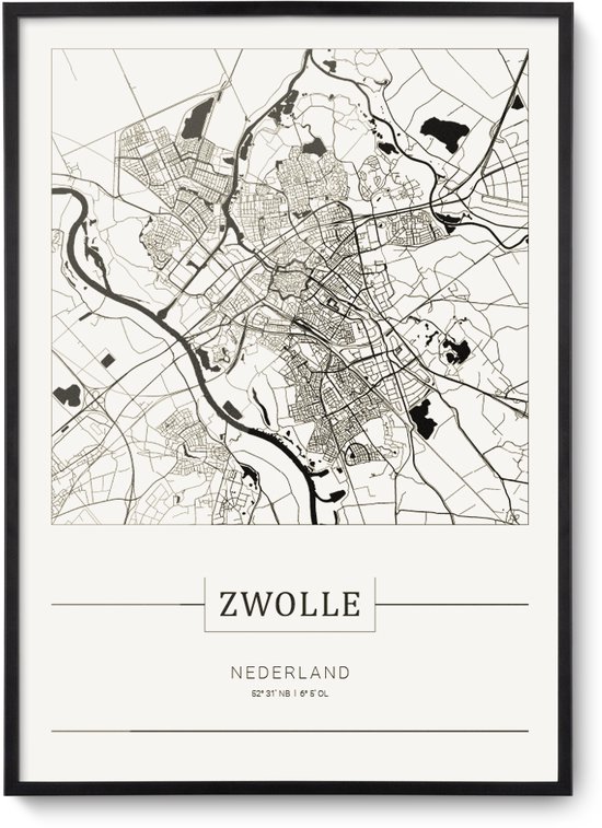 Stadskaart Zwolle - Plattegrond Zwolle – city map – muurdecoratie 30 x 40 cm in lijst