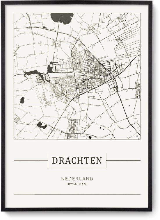 Stadskaart Drachten - Plattegrond Drachten – city map – muurdecoratie 30 x 40 cm in lijst