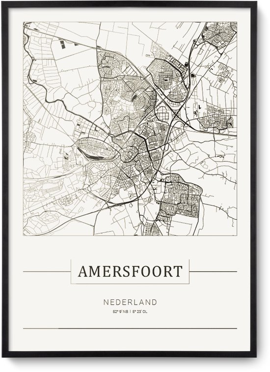 Stadskaart Amersfoort - Plattegrond Amersfoort - city map – muurdecoratie 30 x 40 cm in lijst