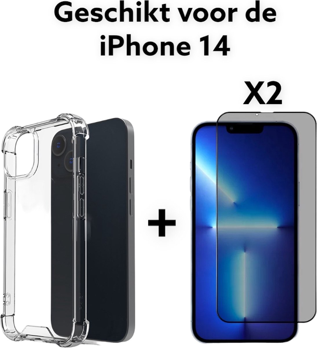 iPhone 14 Hoesje Transparant + 2x privacy screenprotector - iPhone 14 Hoesje Anti Shock - iPhone 14 Anti Shock Case Antishock Shock Proof + 2x privacy tempered glas 3D