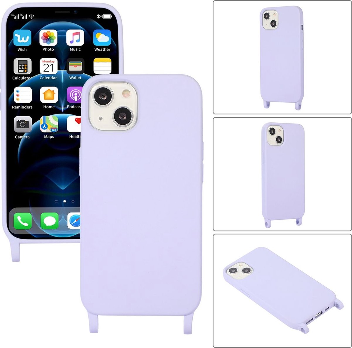 Mobigear Telefoonhoesje geschikt voor Apple iPhone 14 Plus Siliconen | Mobigear Lanyard Hoesje met koord - Paars