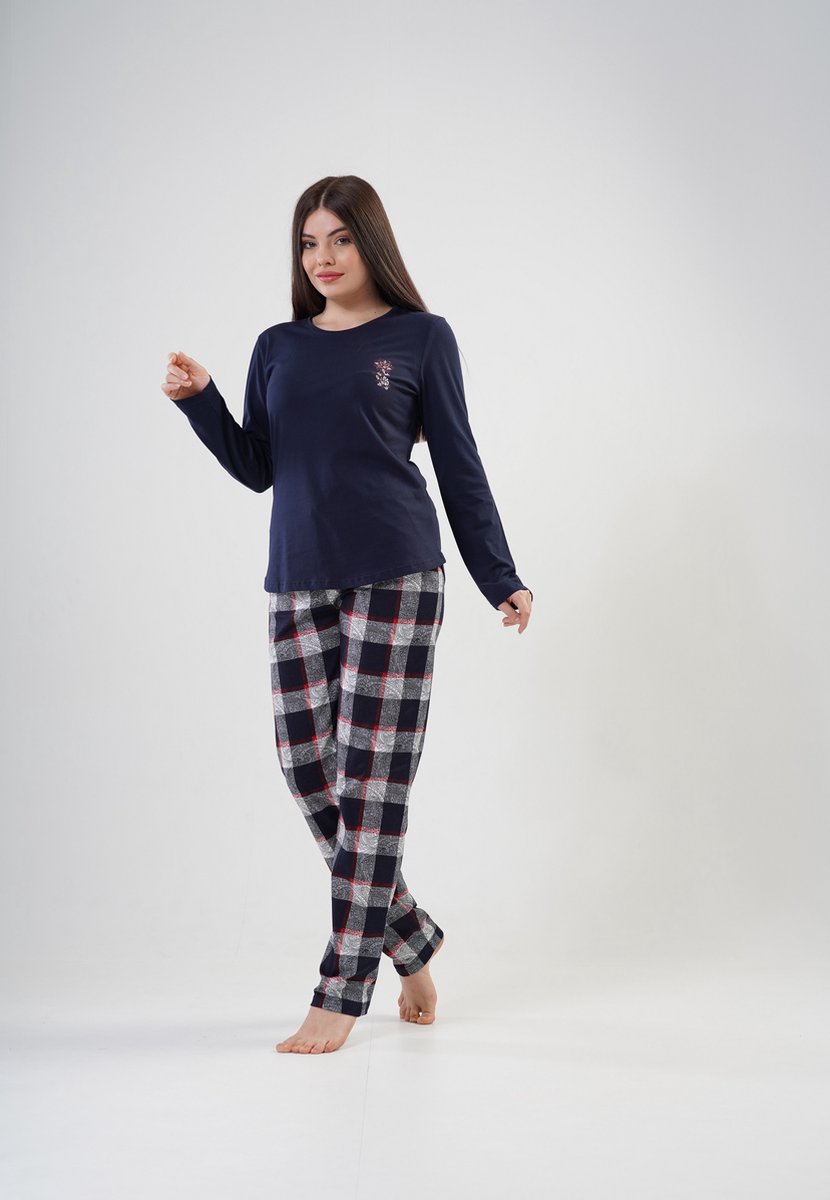 Vienetta - Dames Pyjama Set, Lange Mouwen, Donkerblauw - XL