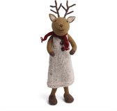 Groot Bruin Deer - Fille avec robe grise et écharpe rouge - Modèle debout 27 cm - Décoration de Noël en Feutres - Commerce Fair - Én Gry & Sif