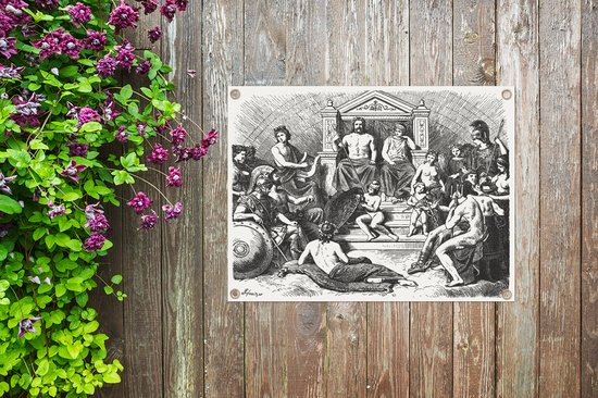 Tuinposter 40x30 cm - Tuindecoratie De Griekse goden bij de berg Olympus - Poster voor in de tuin - Buiten decoratie - Schutting tuinschilderij - Tuindoek muurdecoratie - Wanddecoratie balkondoek
